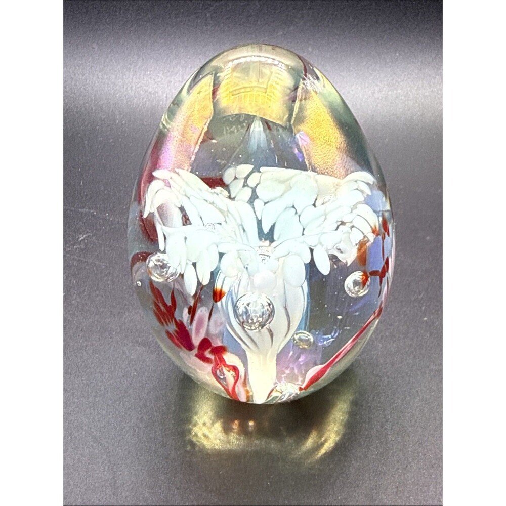 Glass Art Paperweight Egg-Shaped Glass Controlled Bubble Signed ‘84 White Flower